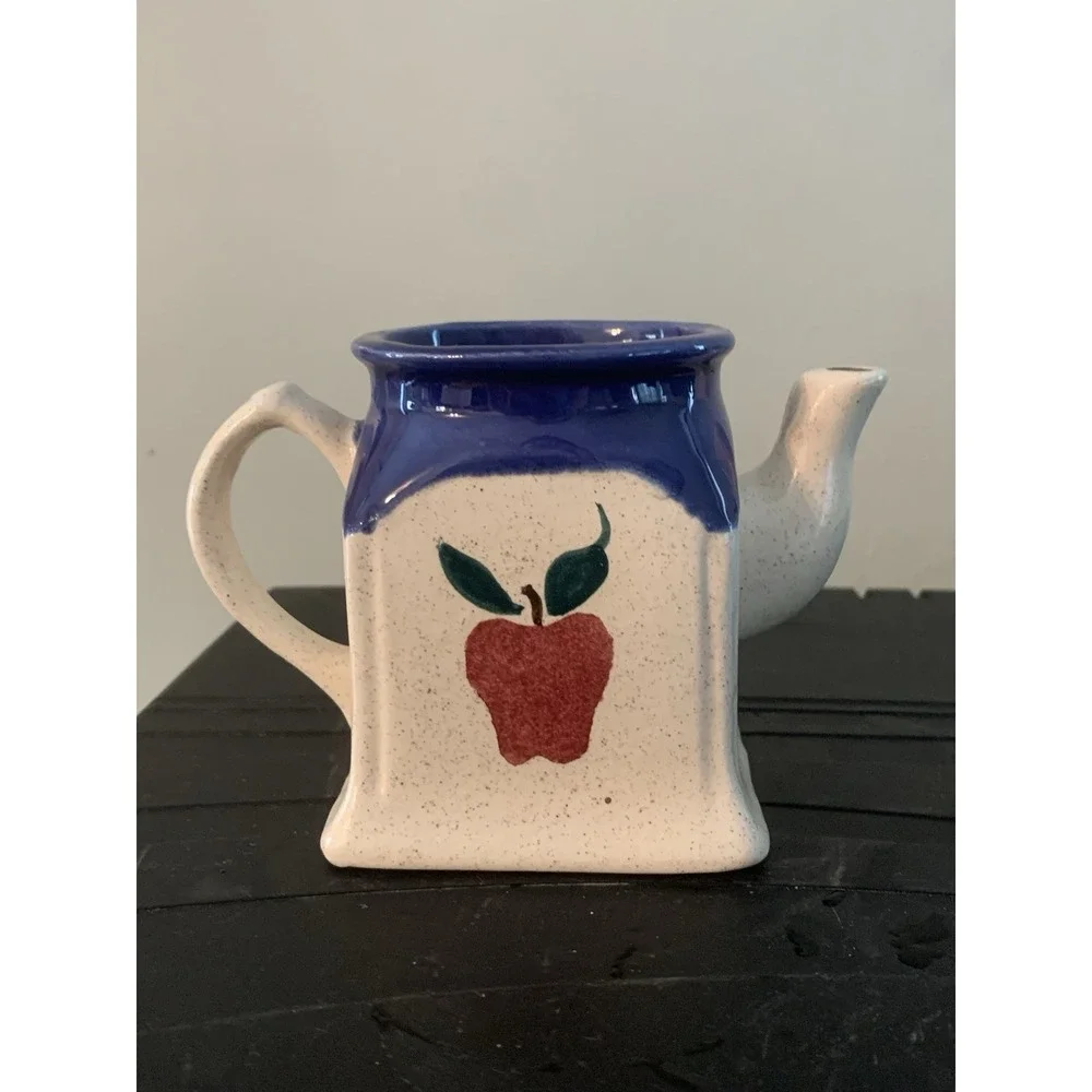 Ceramic Square Tea Pot 12 oz Glossy Pottery Apple Pattern Blue Rim Handle